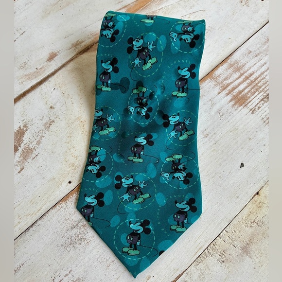 DISNEY CHANNEL Vintage silk neck tie Mickey Mouse cartoon aqua teal RARE 90s EUC - Picture 2 of 9